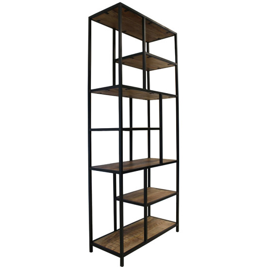 ANGEL FURNITURE Slim Line Black Frame Metallic Bookshelf with Rough Mango Wood Shelves (Medium)