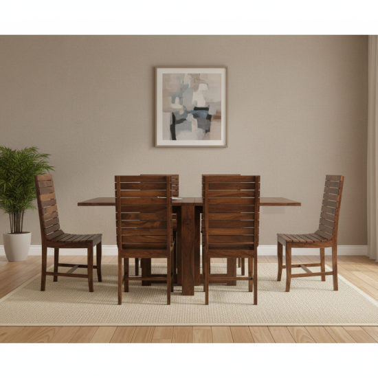 Modish Solid Sheesham Wood Six Seater Dining Table Set (Teak Finish) 