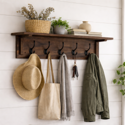 Solid Sheesham Wood floating Wall Mounted Shelf With Coat Hook (Walnut Finish)