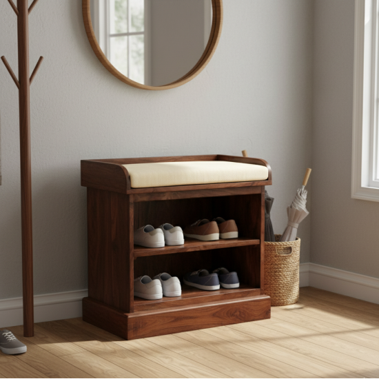 Solid Sheesham Wood Open Space saver Shoerack with removable shelf (Honey) Solid Sheesham Wood Open Space saver Shoerack with removable shelf (Honey)