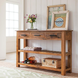 Stripped 3 Drawer Sheesham Wood Console Table in Honey Finish