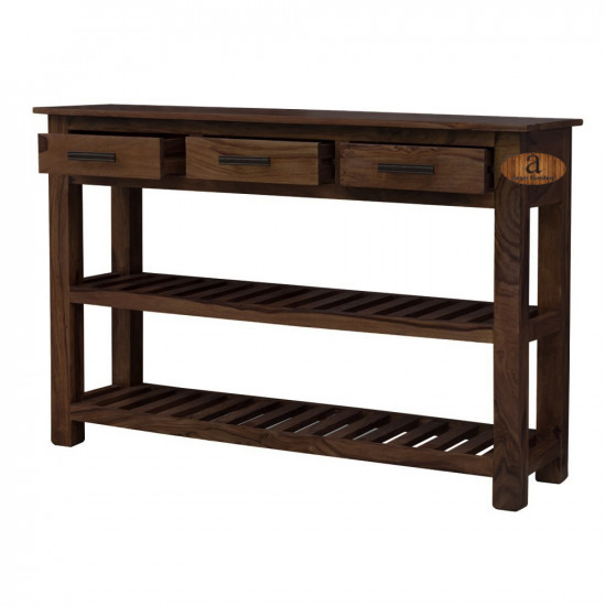 Stripped 3 Drawer Sheesham Wood Console Table in Walnut Finish