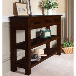 Stripped 3 Drawer Sheesham Wood Console Table in Walnut Finish