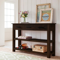 Stripped 3 Drawer Sheesham Wood Console Table in Walnut Finish