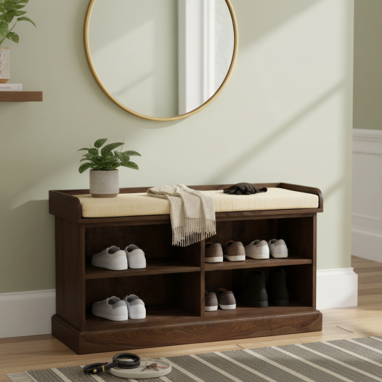 Hallway Shoerack Open Storage Seat in Walnut finish