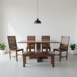 Stripped Design Six Seater Dining Set With Foldable Dining Table In Honey Finish Stripped Design Six Seater Dining Set With Foldable Dining Table In Honey Finish
