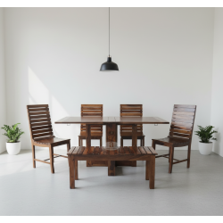 Stripped Design Six Seater Dining Set With Foldable Dining Table In Honey Finish