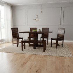 Stripped Design Six Seater Dining Set With Foldable Dining Table In Walnut Finish Stripped Design Six Seater Dining Set With Foldable Dining Table In Walnut Finish