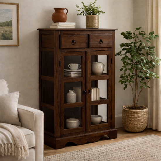 Sheesham Wood Kitchen Crockery Cabinet in Walnut Finish