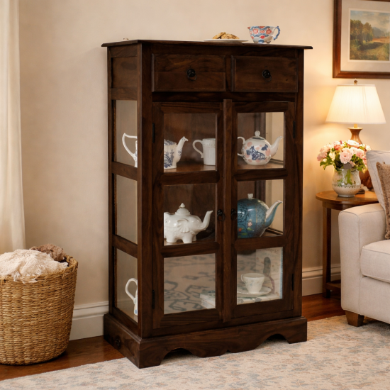 Sheesham Wood Kitchen Crockery Cabinet in Walnut Finish