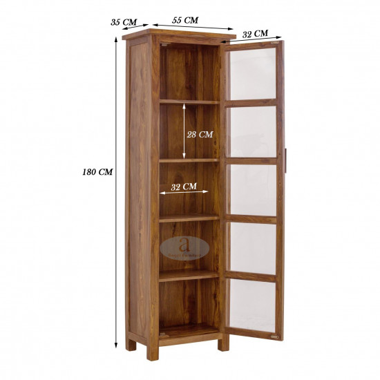 Sheesham Wood Baltimore Kitchen Cabinet Tall in Honey Finish | Bookcase With Glass Door 