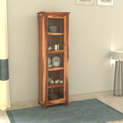 Sheesham Wood Baltimore Kitchen Cabinet Tall in Honey Finish | Bookcase With Glass Door 