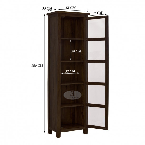 Sheesham Wood Baltimore Kitchen Cabinet Tall in Walnut Finish | Bookcase With Glass Door 