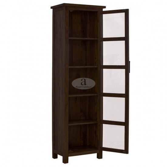 Sheesham Wood Baltimore Kitchen Cabinet Tall in Walnut Finish | Bookcase With Glass Door 