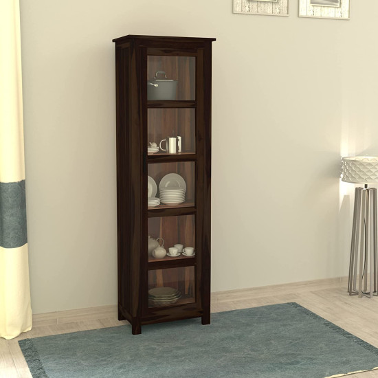 Sheesham Wood Baltimore Kitchen Cabinet Tall in Walnut Finish | Bookcase With Glass Door 