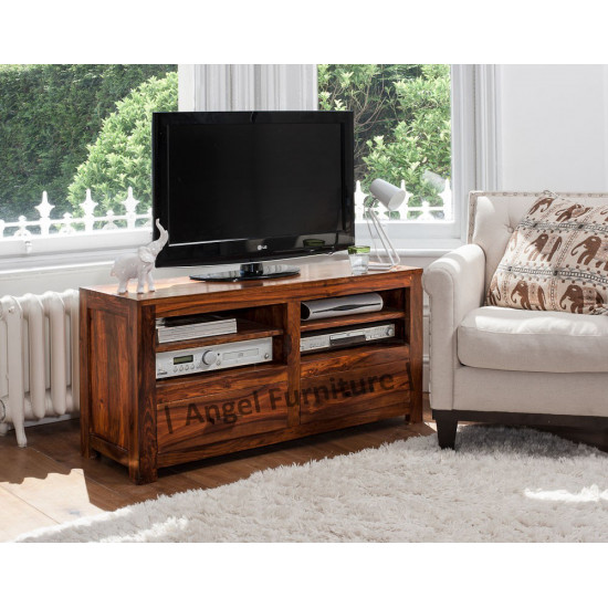 Angel Furniture Solid Sheesham Wood Tv Unit with Two Drawer and Open Storage Area - Teak Finish