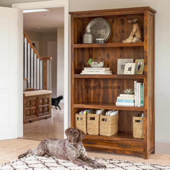 Angel's Solid Sheesham Wood Bookshelf Large with Two Drawer (Full Size, Honey Finish)