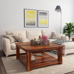 Angle Furniture Solid Sheesham Wood Coffee Table Square 39x39x18 Inch (Honey Finish)