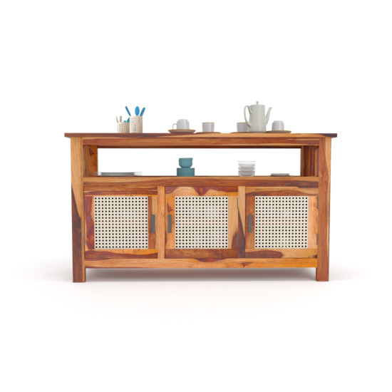 Angel Furniture Contemporary Sheesham Wood Crockery Cabinet with Three Cane Doors and Versatile Storage - Honey Finish - Dining Room Sideboard and Storage Solution - Kitchen Cabinet