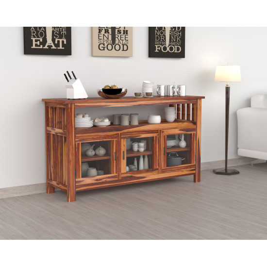 Angel Furniture Sheesham Wood Crockery Cabinet with Three Drawer in cm 140x40x82 (Honey Finish)