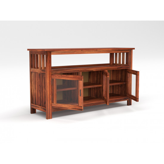 Angel Furniture Sheesham Wood Crockery Cabinet with Three Drawer in cm 140x40x76 (Honey Finish)