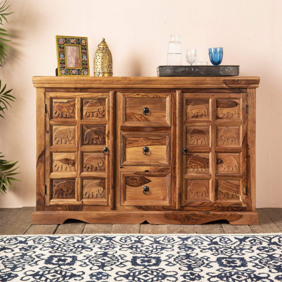 ANGEL FURNITURE Sheesham Wood Mammoth Sideboard Three Drawer Two Door Storage Unit (Honey Finish)