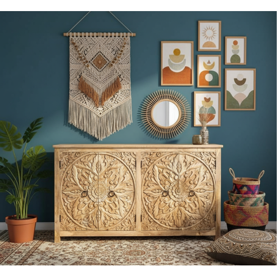 Sideboard with Carved Doors – Natural Finish (Large) Sideboard with Carved Doors – Natural Finish (Large)