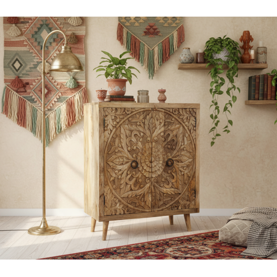 Sideboard with Carved Doors – Natural Finish (Small)