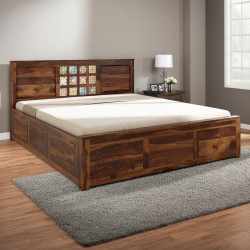Sheesham Wood Bed with Storage, Ceramic Tile Headboard Honey Finish