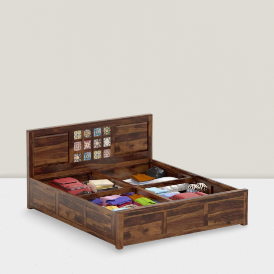 Sheesham Wood Bed with Storage, Ceramic Tile Headboard Honey Finish