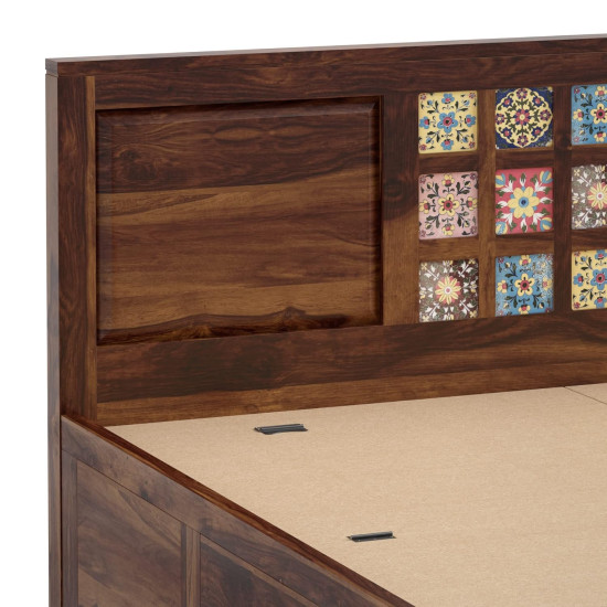 Sheesham Wood Bed with Storage, Ceramic Tile Headboard Honey Finish