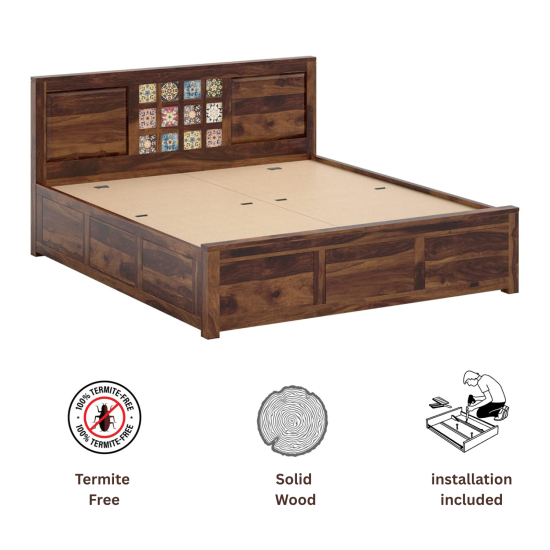Sheesham Wood Bed with Storage, Ceramic Tile Headboard Honey Finish
