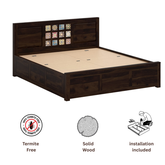 Sheesham Wood Bed with Storage, Ceramic Tile Headboard Walnut Finish