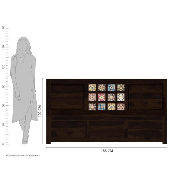Sheesham Wood Bed with Storage, Ceramic Tile Headboard Walnut Finish
