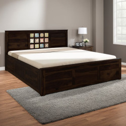 Sheesham Wood Bed with Storage, Ceramic Tile Headboard Walnut Finish